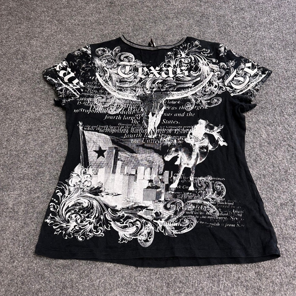 Big Bang Clothing Shirt Womens Size L Black Texas Rhinestone Graphic Slim Fit